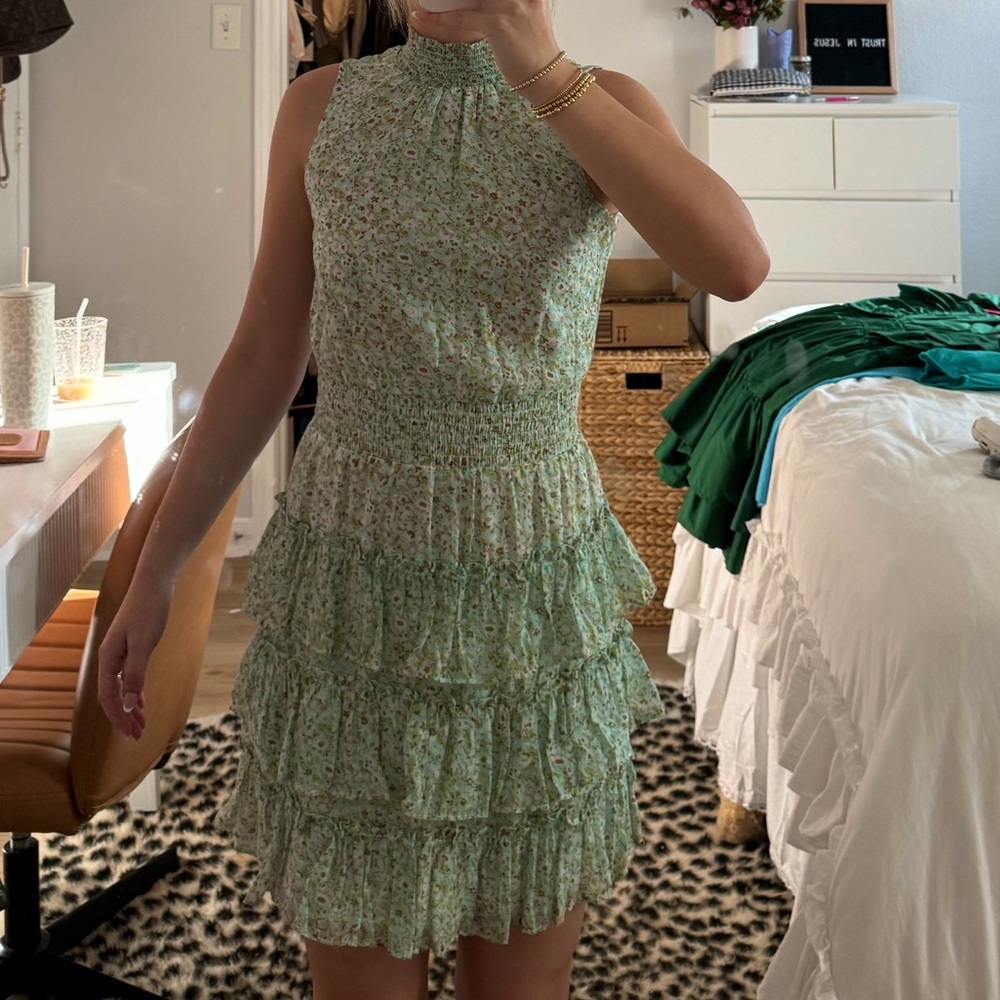 1 state Smocked Mock Neck Sleeveless Ruffle Tiered Mini Dress